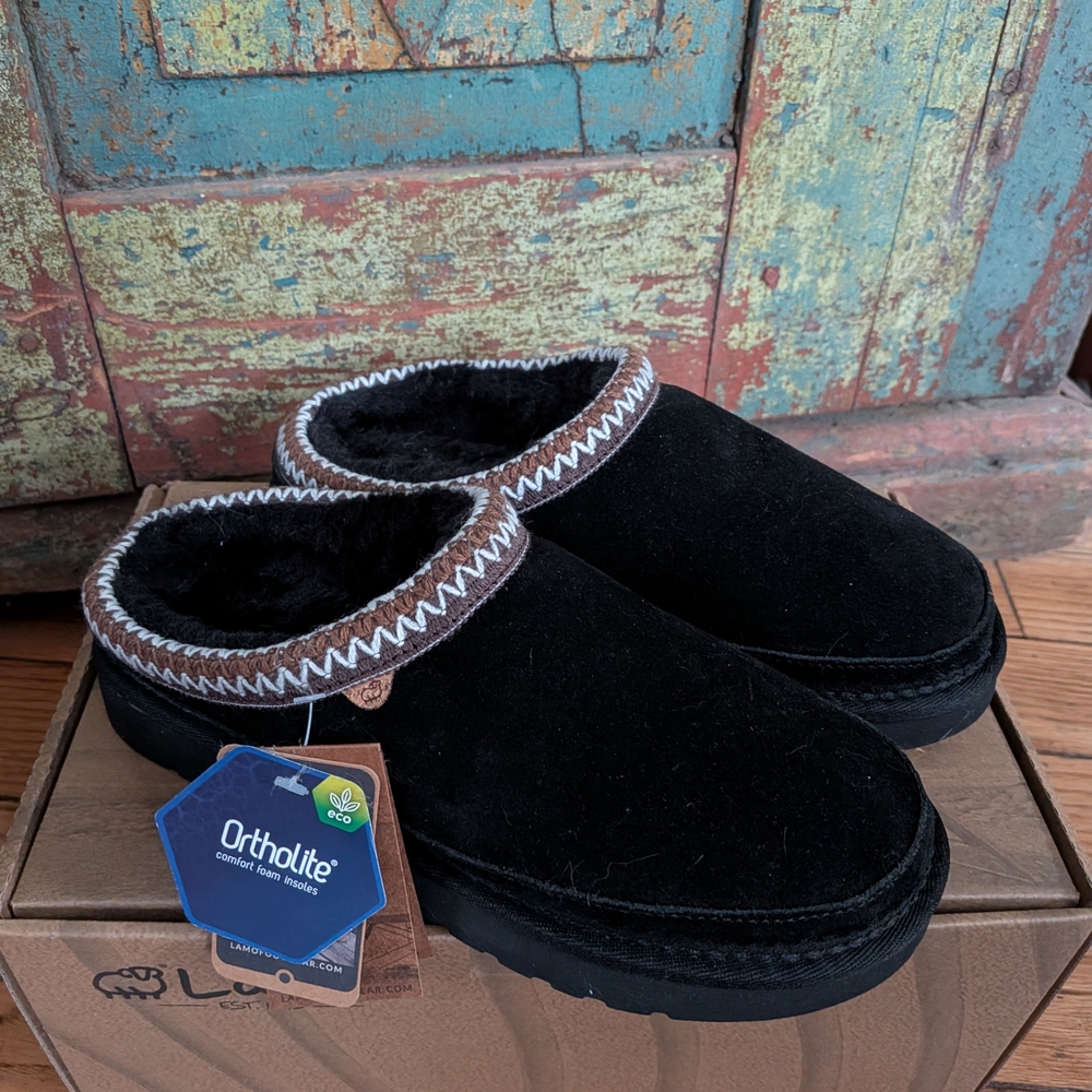 Black Suede Slippers with Brown Trim